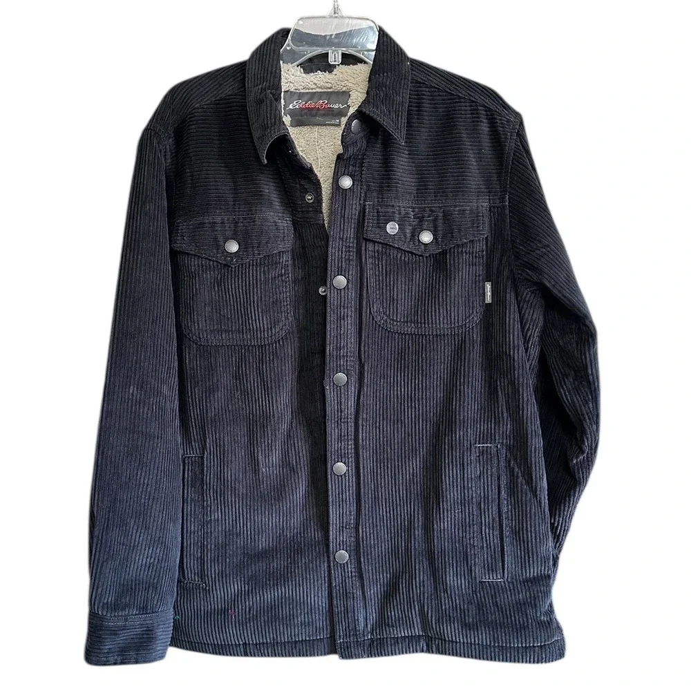 Eddie Bauer Men Black Corduroy Sherpa Lined Shirt Jacket Shacket M Gorpcore NWOT